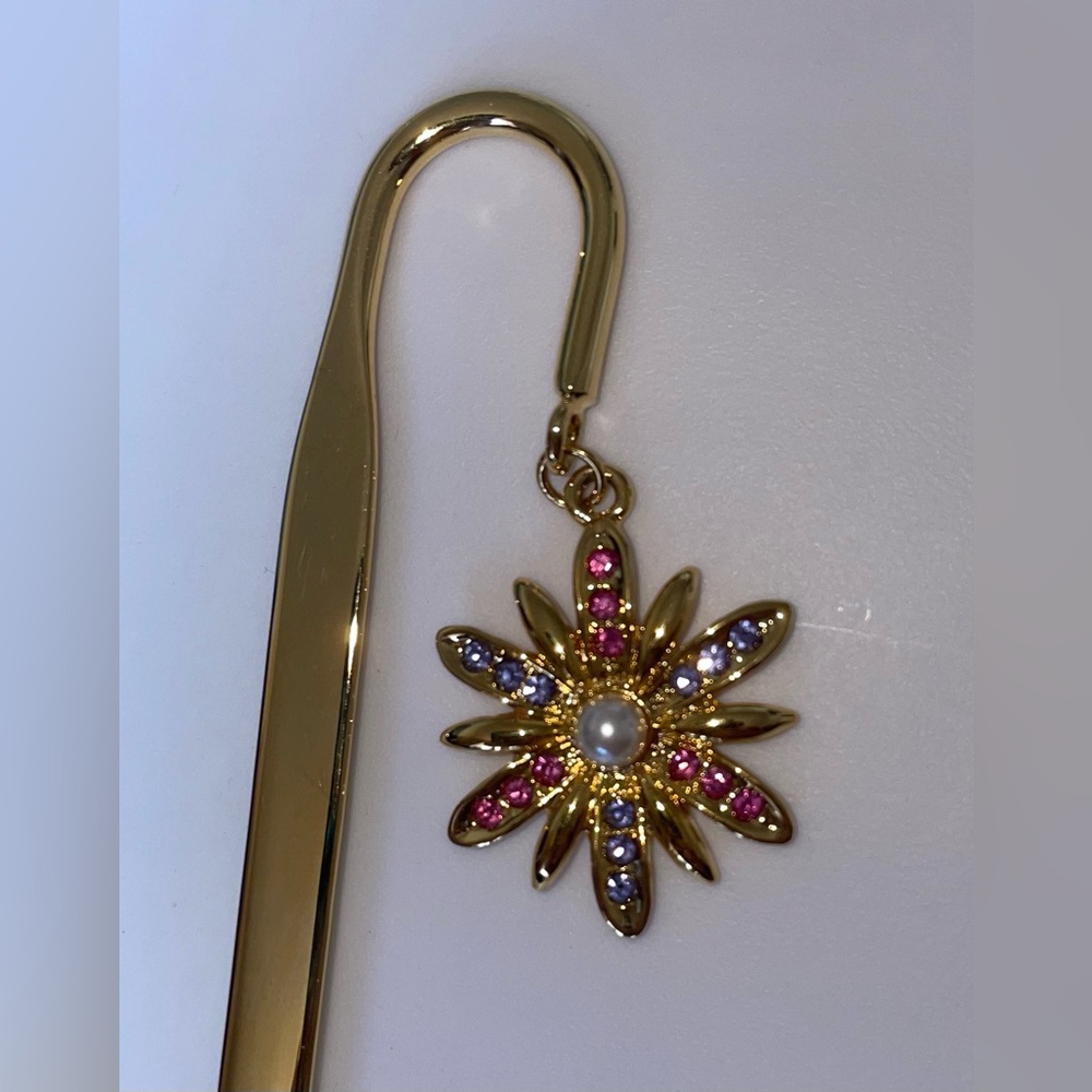 La Geer Italy Floral Bookmark | Pearl & Crystal Medallion | Gold Tone | Vintage